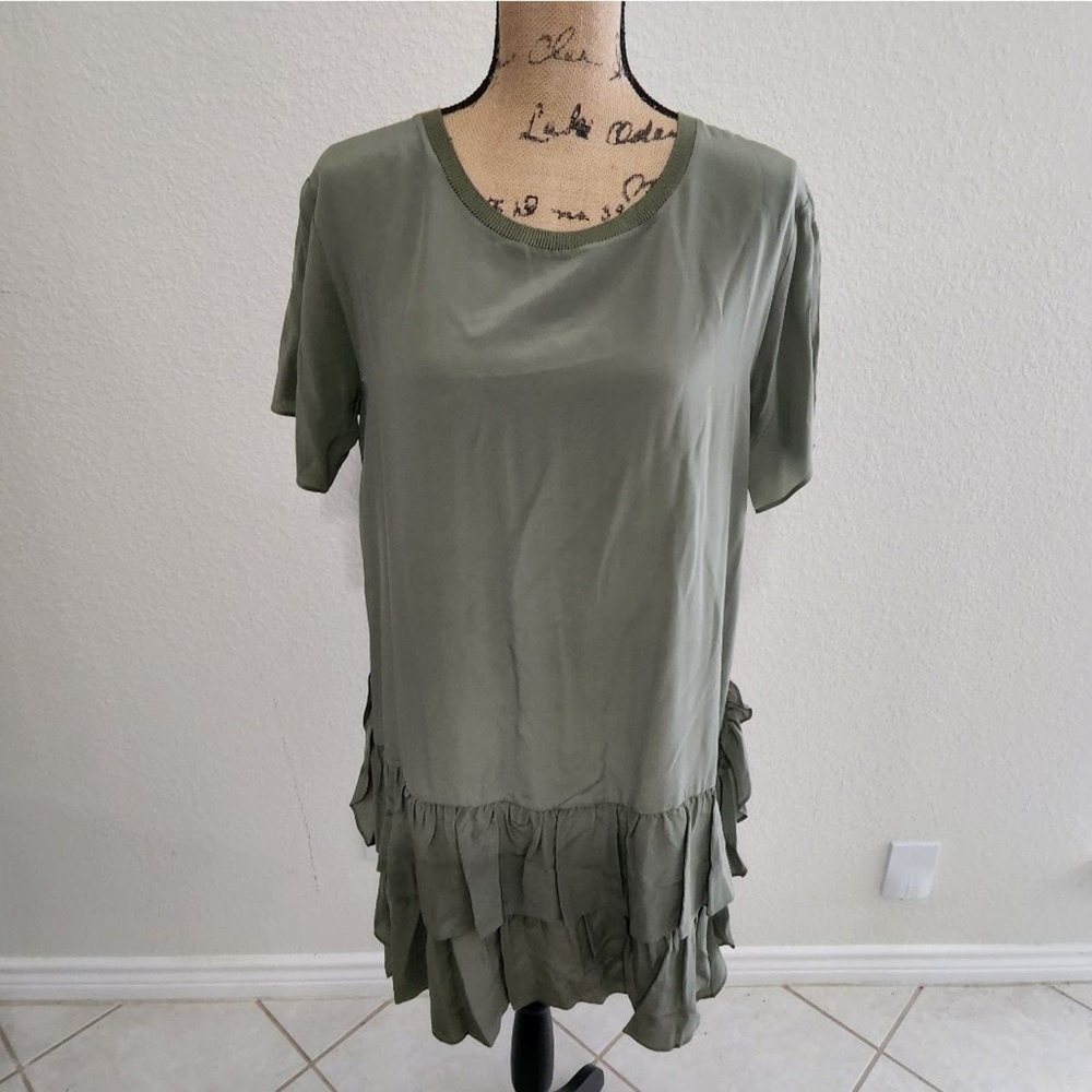 𝅺A loves A Nordstrom moss‎ green 100% silk ruffle shirt dress size small